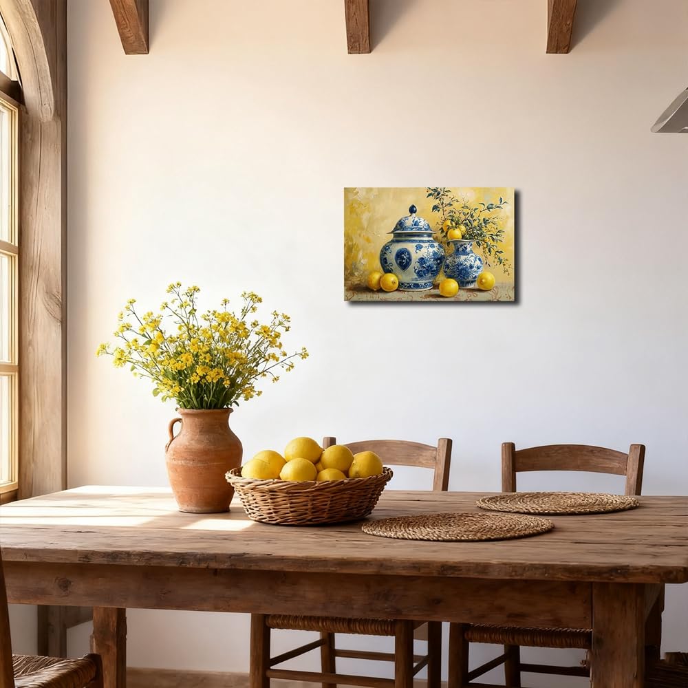 Lemon Wall Art Kitchen Picture Vintage Citrus Fruit Canvas Prints Yellow Lemon with Pottery Blue Classical Painting