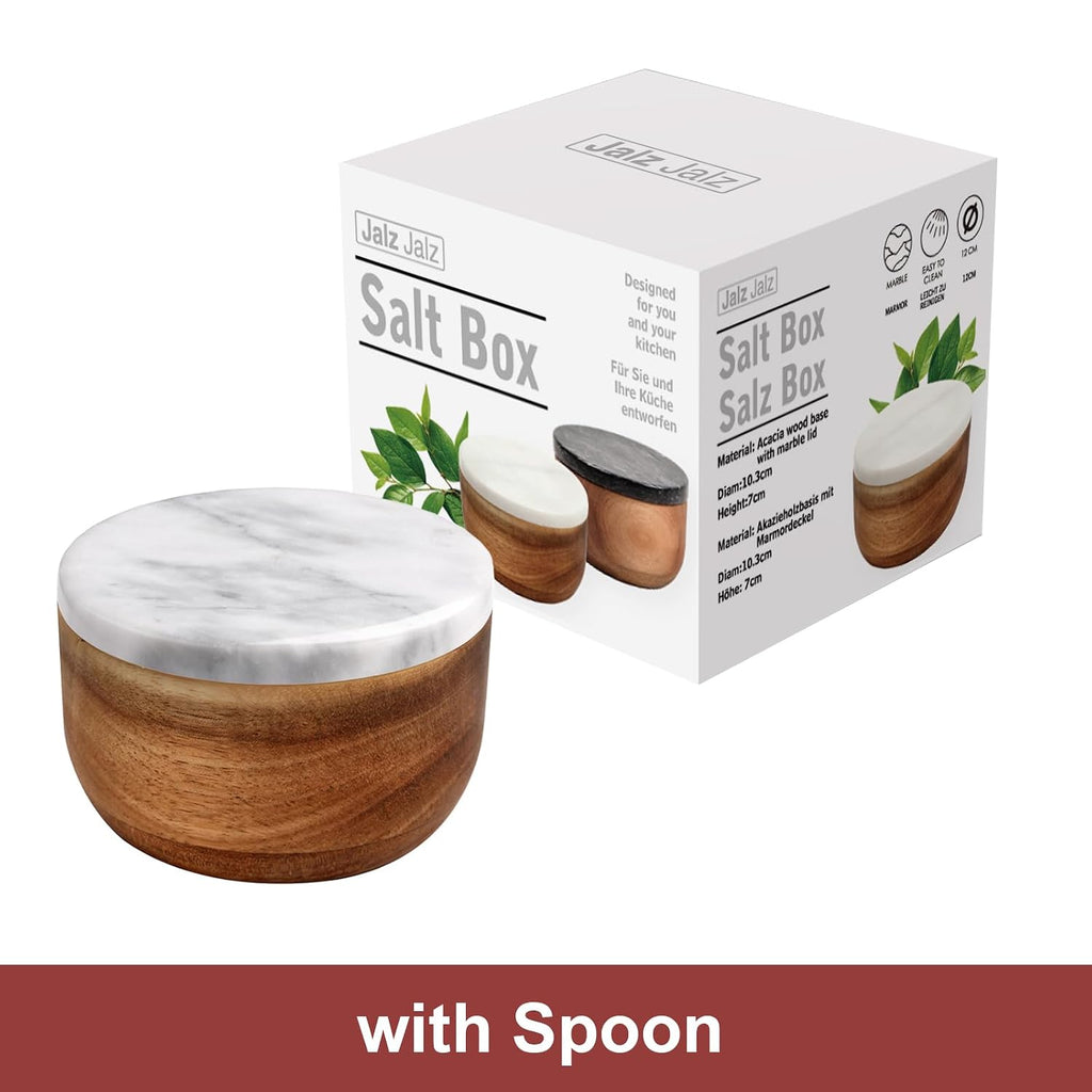 Acacia Wood Salt Cellar with white Marble Lid, 10oz Pinch Pot & Spoon