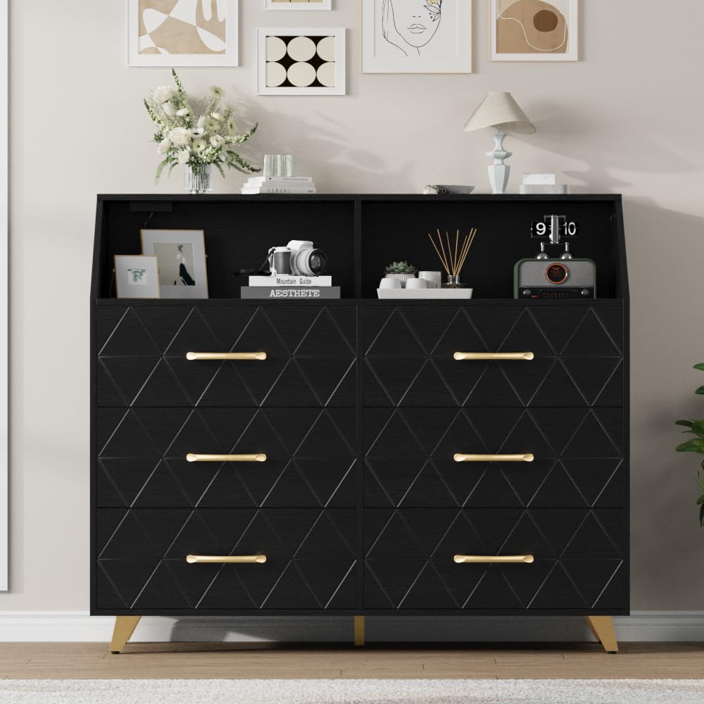 6 Drawer Dresser with LED Lights & Charging Station, Wooden Black Dresser, Modern TV Stand Dressers & Chests of