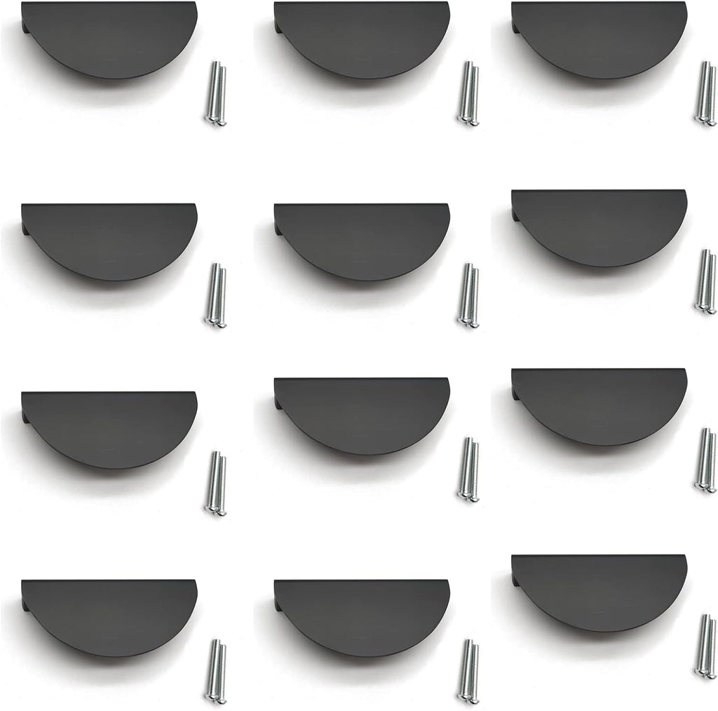 Black Cabinet Pulls,12pcs, Half Moon Pull Handles with Mounting Screws Semicircle Drawer Pull 2.52" Hole Centers Cup
