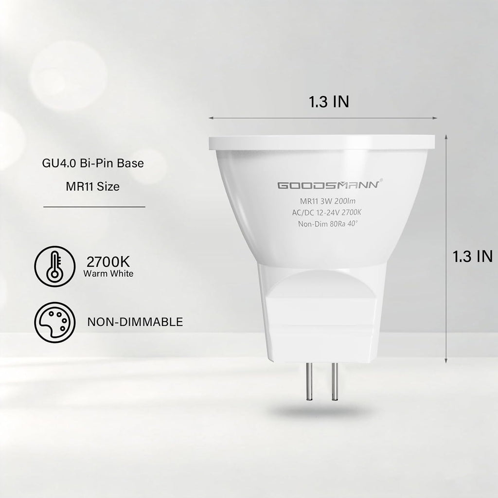 MR11 LED Bulbs GU4 Bi-Pin Base 3W 200 Lumens 2700K Warm White 12-24V AC/DC Low Voltage Bulbs for Landscape
