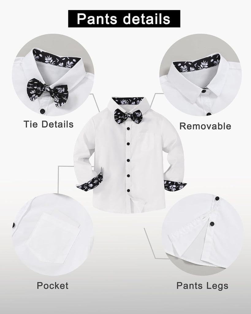 Boys Dress Clothes Wedding Ring Bearer Outfit Boy Formal Suits Dress Shirt with Bow Tie +Suspender Pants Set