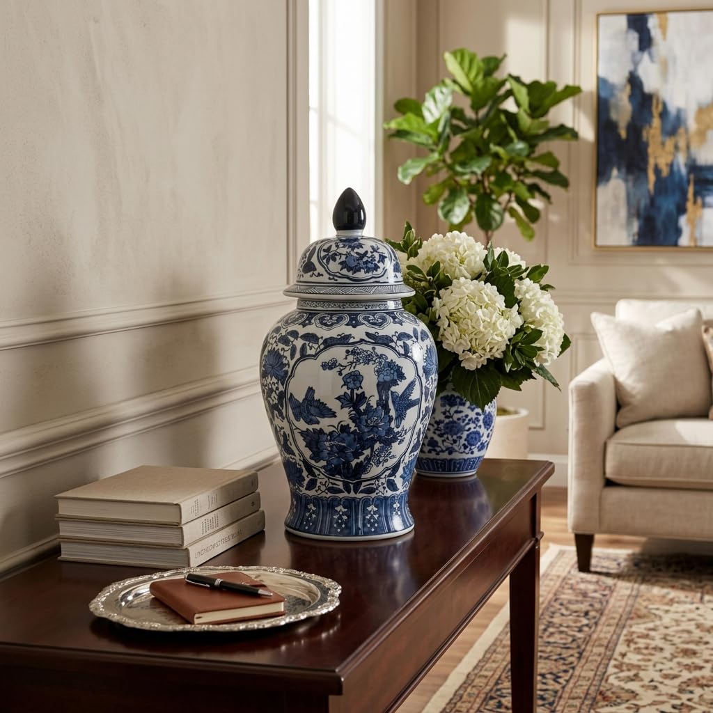 Decorative Chinoiserie Temple Ceramic Jar, 19", Blue
