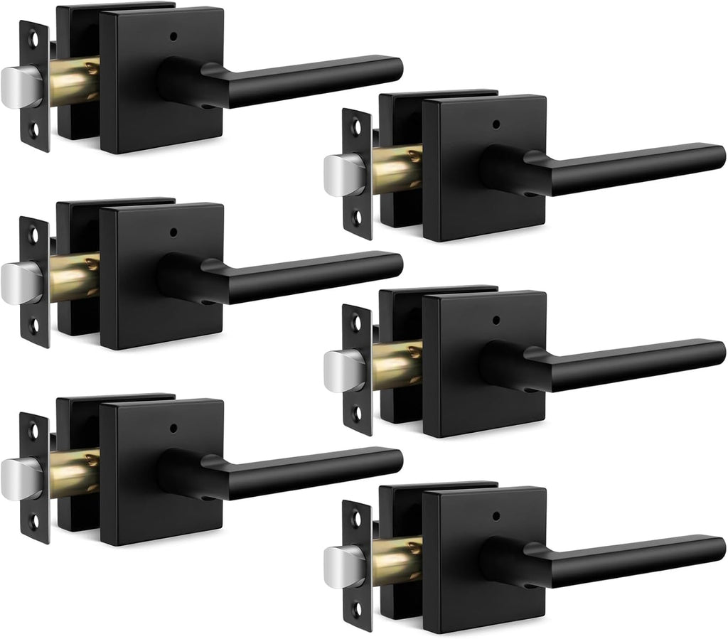 Black Door Handles Interior, Matte Black Privacy Door Handles, Square Black Door Lever Interior Bedroom (6 Pack)