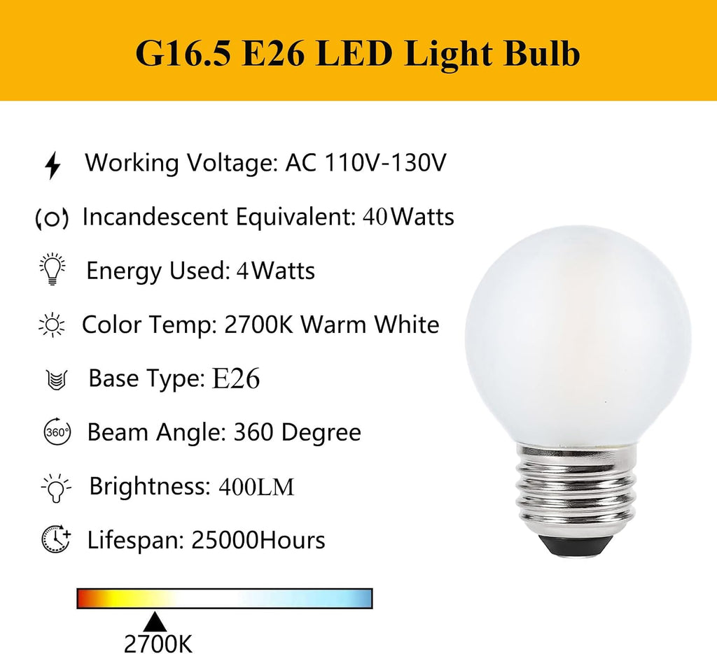 E26 LED Bulb 40 Watt Dimmable G16.5 Frosted Globe Light Bulbs