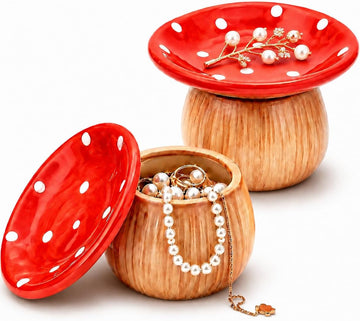 Mushroom Jewelry Dish, Ceramic Trinket Storage Jar with Lid - Set of 2
