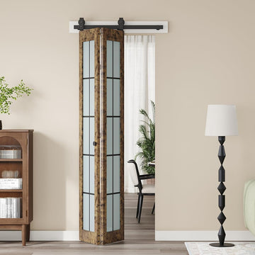 Preassembled Bifold Barn Door 30 x 84 in (Double 15x84in) with Bi-fold Door Hardware Kit, Frosted Glass Cross