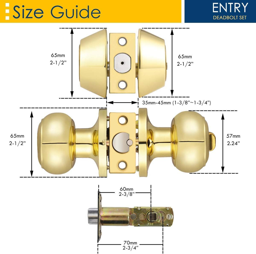 2 Pack Polished Brass Round Entry Door Knobs and Deadbolt Combination Set, Keyed Alike Double Cylinder Deadbolt Door