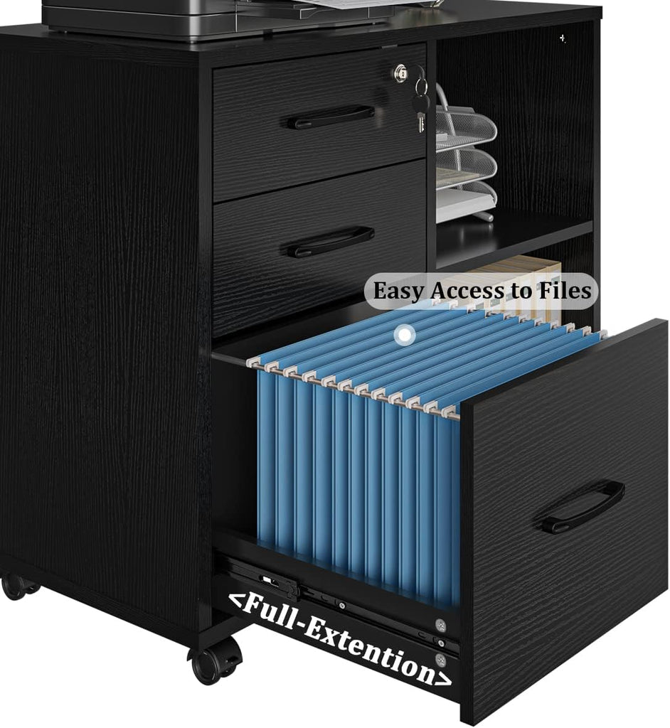 3 Drawer Office File Cabinets, Mobile Lateral Printer Stand with Open Storage Shelf, Rolling Filing Cabinet with