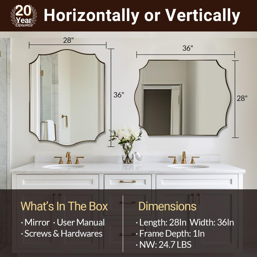 Bathroom Mirror, 28x36 Inch Brushed Gold Vanity Mirror, Stainless Steel Metal Frame with Sophisticated Curved Design