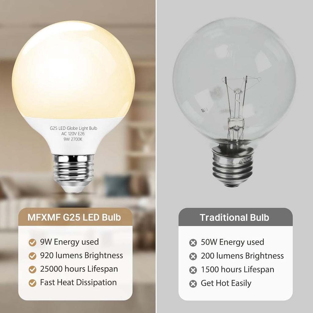 G25 LED Globe Light Bulbs,Dimmable Bathroom Vanity Light Bulbs E26 Base,9W (90W Equivalent), Round Light Bulbs Makeup