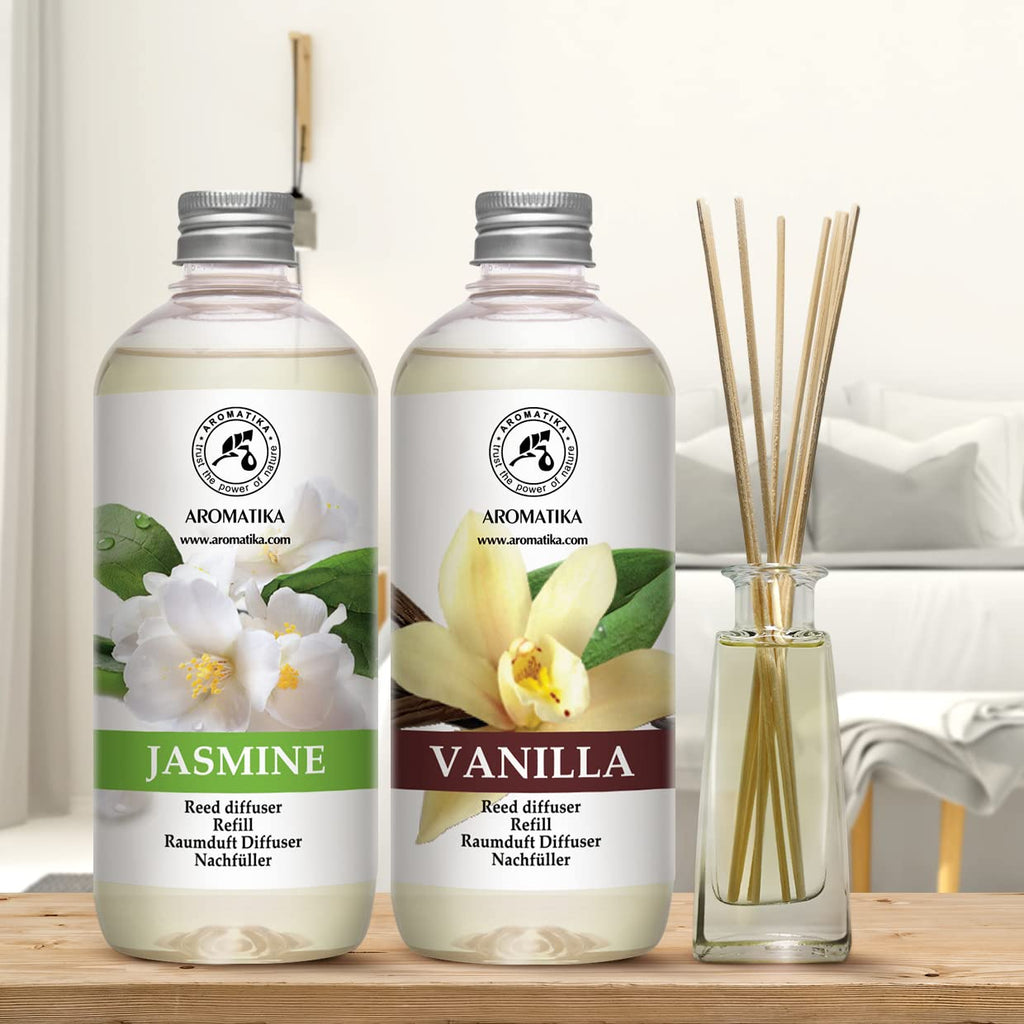 Reed Diffuser Refill Set Vanille & Jasmine with Jasmine Essential Oil 34 Fl Oz - 2 x 500ml - Fragrance Oil Reed
