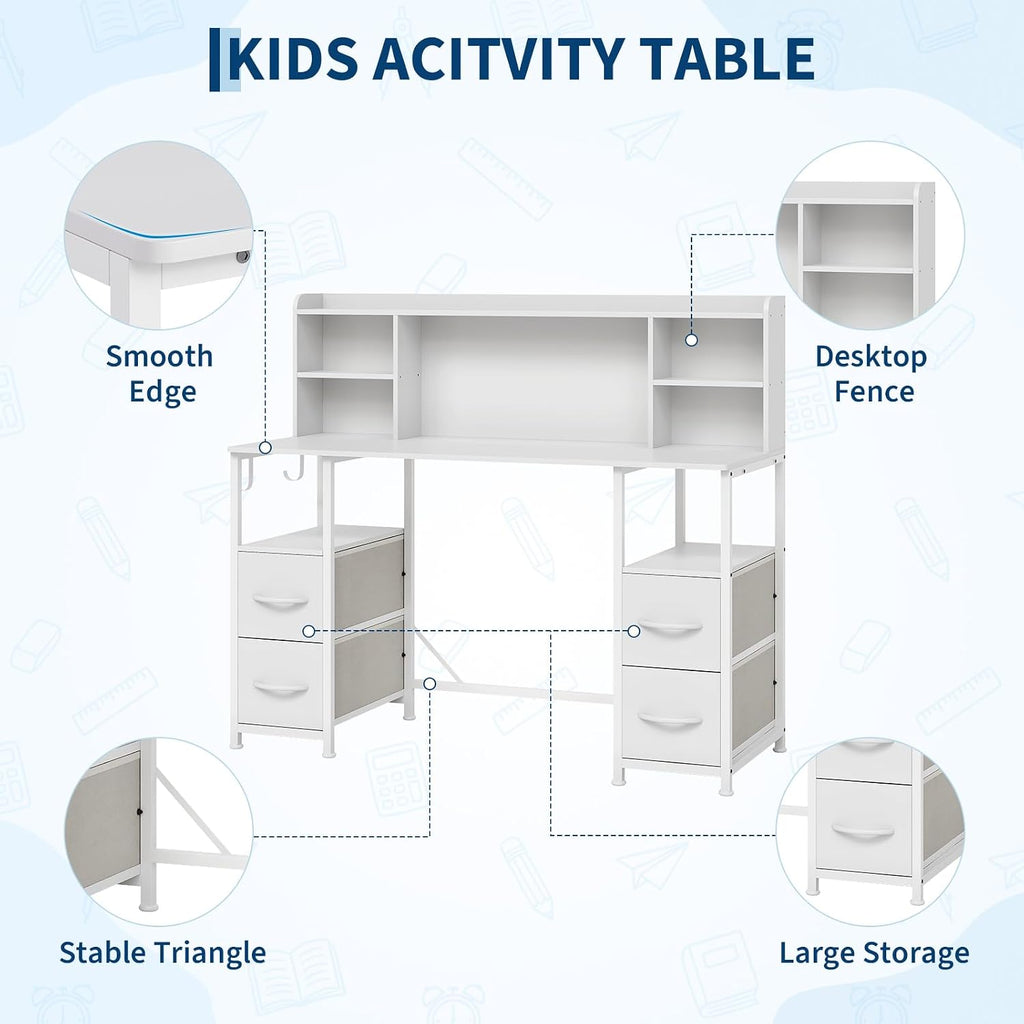 Kids Desk and Chair Set w/Hutch 4 Drawers Metal Frame Study Table, White