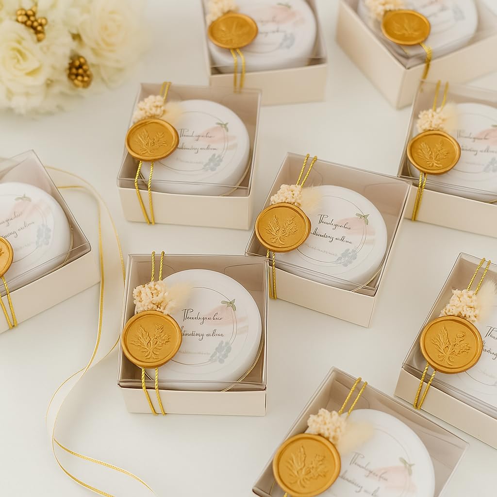 Wedding Candle Favor Set with Gift Box - Personalized Soy Wax Candles with Gold Seal & Gold String, Dried Flowers - Set of 10