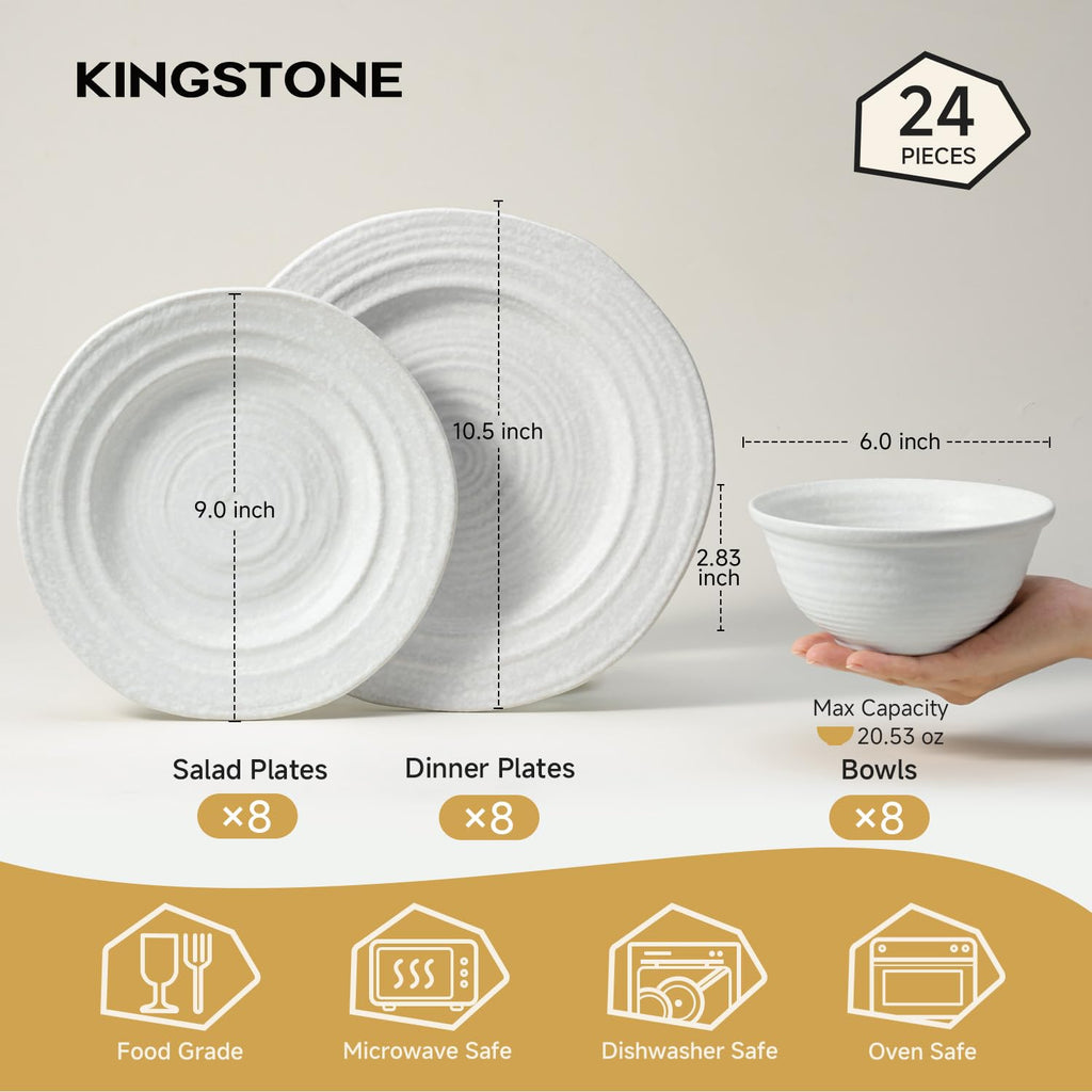 Handmade Stoneware Dinnerware Set, 24-Piece Matte White for 8