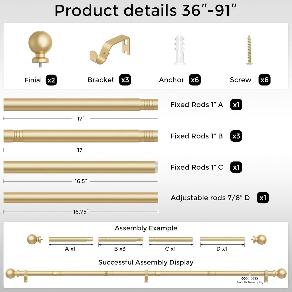 Gold Curtain Rod 36-91 Inch, 1 Inch Adjustable Heavy Duty Curtain Rods for Windows, Decorative Modern Window