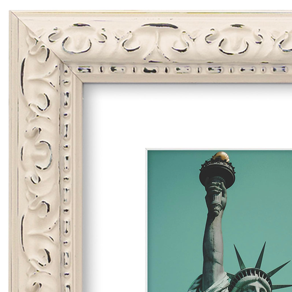 11x14 in Distressed Wood Off-white Vintage Antique Farmhouse Picture Frame, Museum Grade Off White Mat 8x10, UV