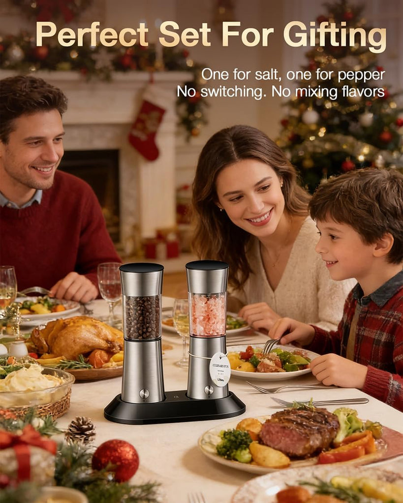 Gravity Electric Salt and Pepper Grinder Set, Automatic Mills with Rechargeable Charging Base, Built-in LED Light & - Set of 2