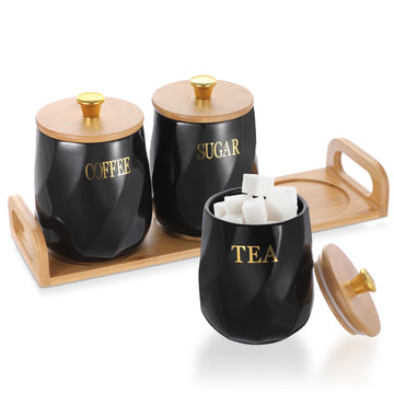 Set of 3 Ceramic Coffee Sugar Tea Canister Set with Lid and Tray