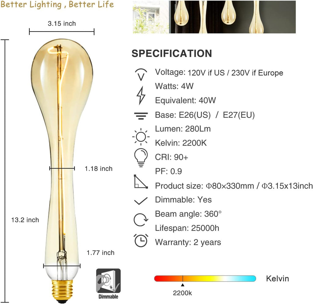 Decorative Oversized Edison Light Bulbs with E26 Base, Amber Glass, 4W Warm White 2200K, Dimmable, Large Led Filament