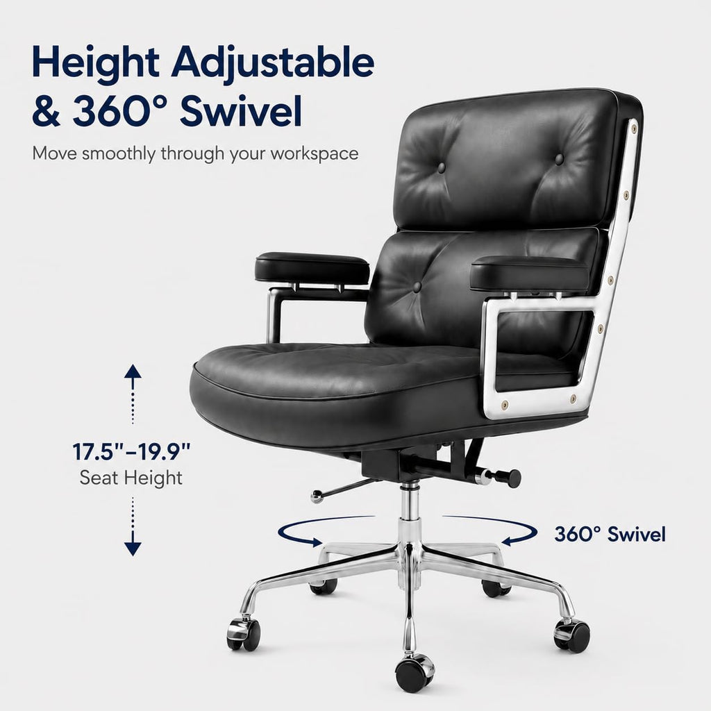 Home with Top Grain Leather, Padded Armrests, Mid-Back Upholstered Executive Leather Desk Chair, Aluminum Frame