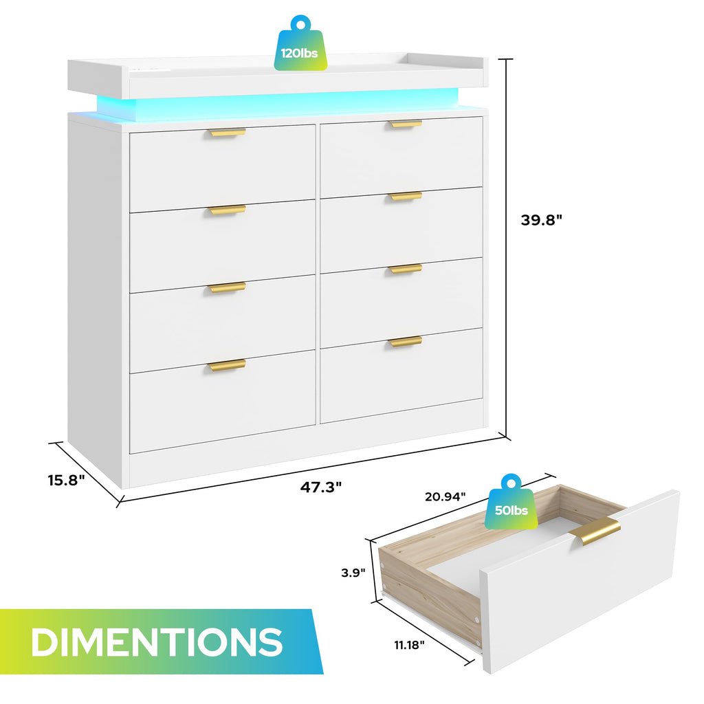 8 Drawer Dresser, White Dresser with LED Lights and Power Outlet, Large Wooden Dressers Modern Chest of Drawers