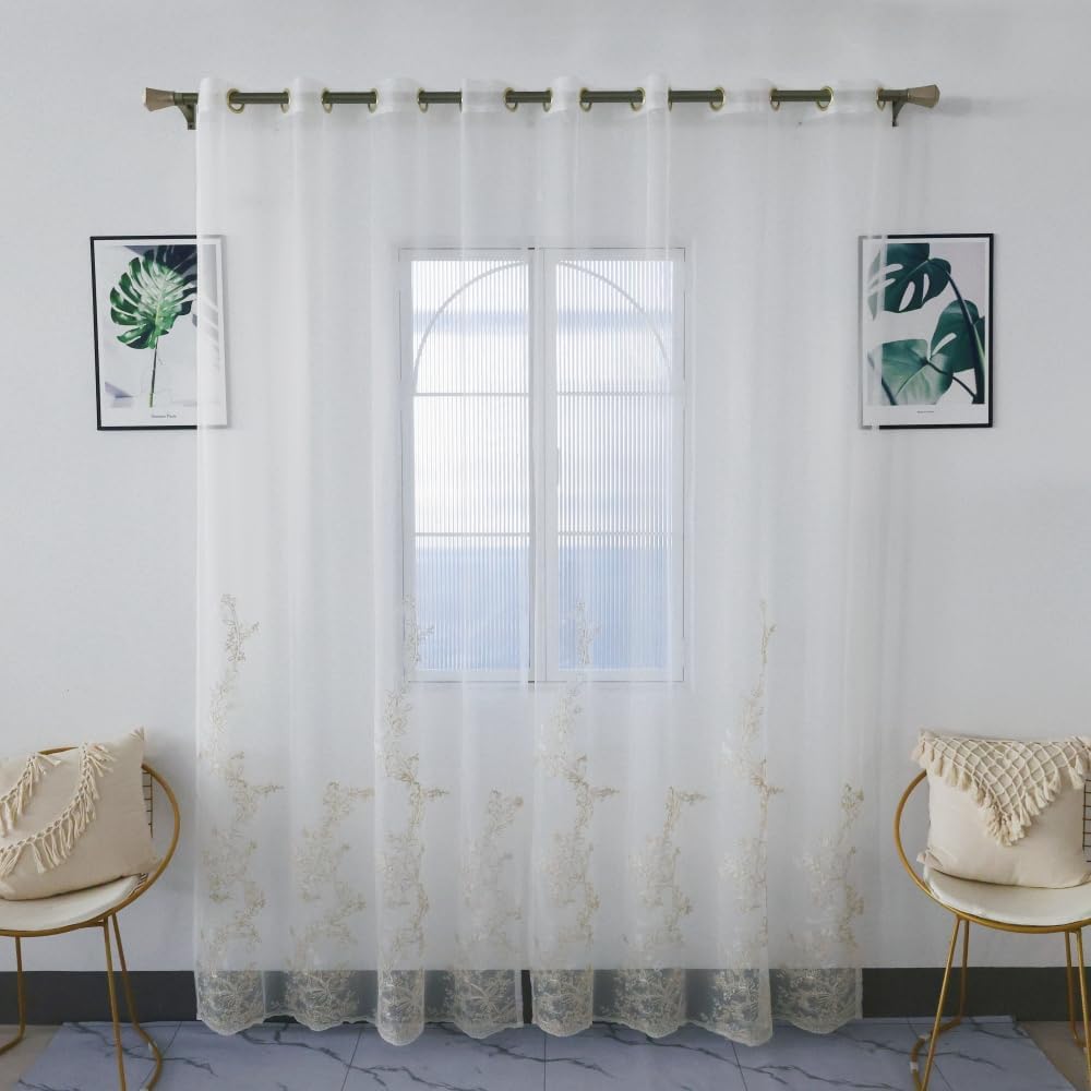 1 Pair Luxury Embroidered Tulle Curtains Wedding 3D Gold Flower Sheer Curtains (White,51x96 Inch)