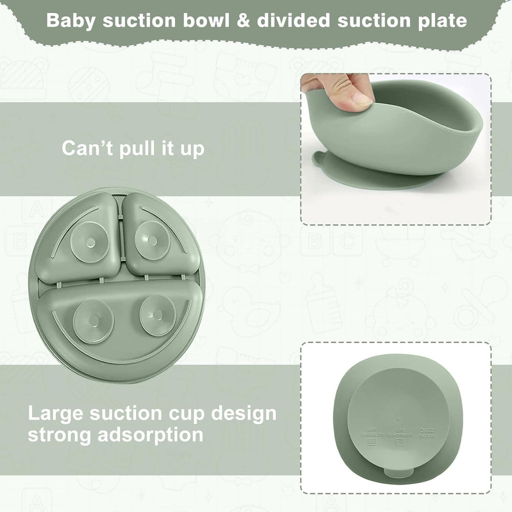 Feeding Set, Toddler Feeding Set 12 Pcs, Suction Bowl and Baby Plate, Silicone Bib,Spoon,Fork & Sippy Cup,BPA Free