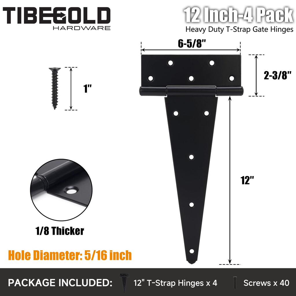 12 Inch T-Strap Gate Hinges, Heavy Duty Shed Door Hinges, Black Tee Hinges for Wooden Fences, Yard Gates, Rustproof
