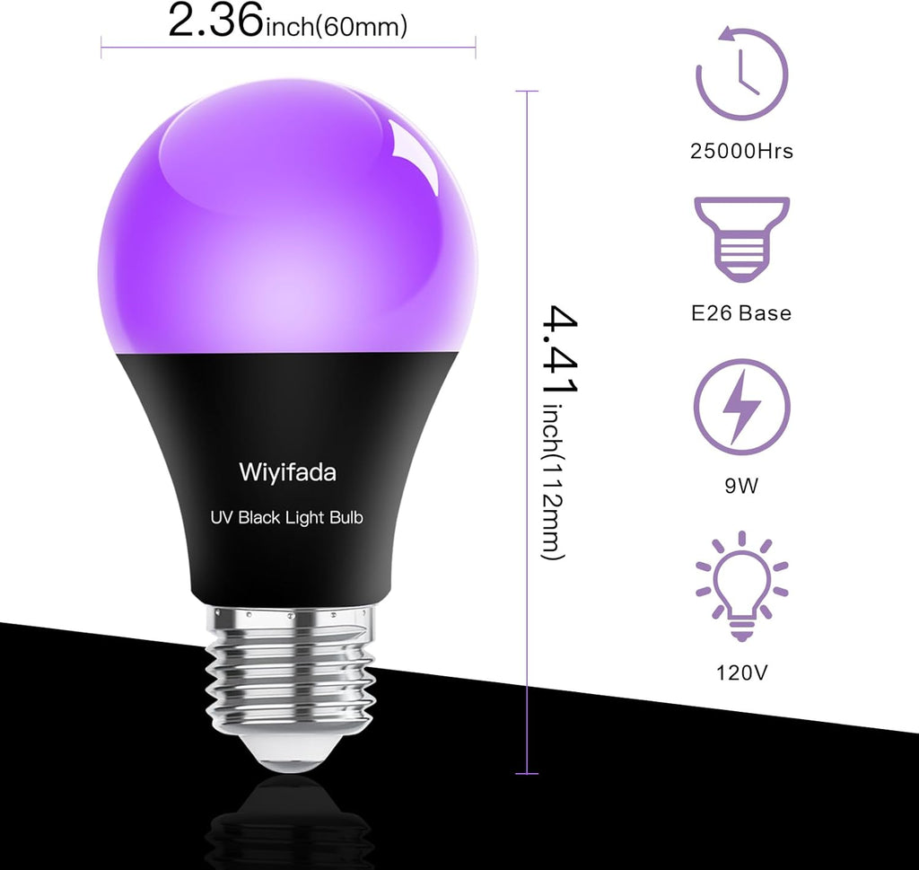 LED Black Light Bulbs 2 Pack, Dimmable A19 9W,UVA Level 385-400nm