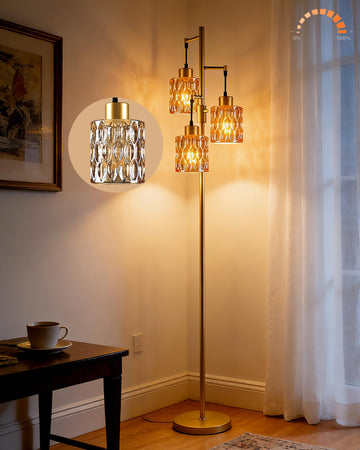 Glass Floor Lamp 3-Light Modern Gold Tall Lamp with Amber Cylinder Shade