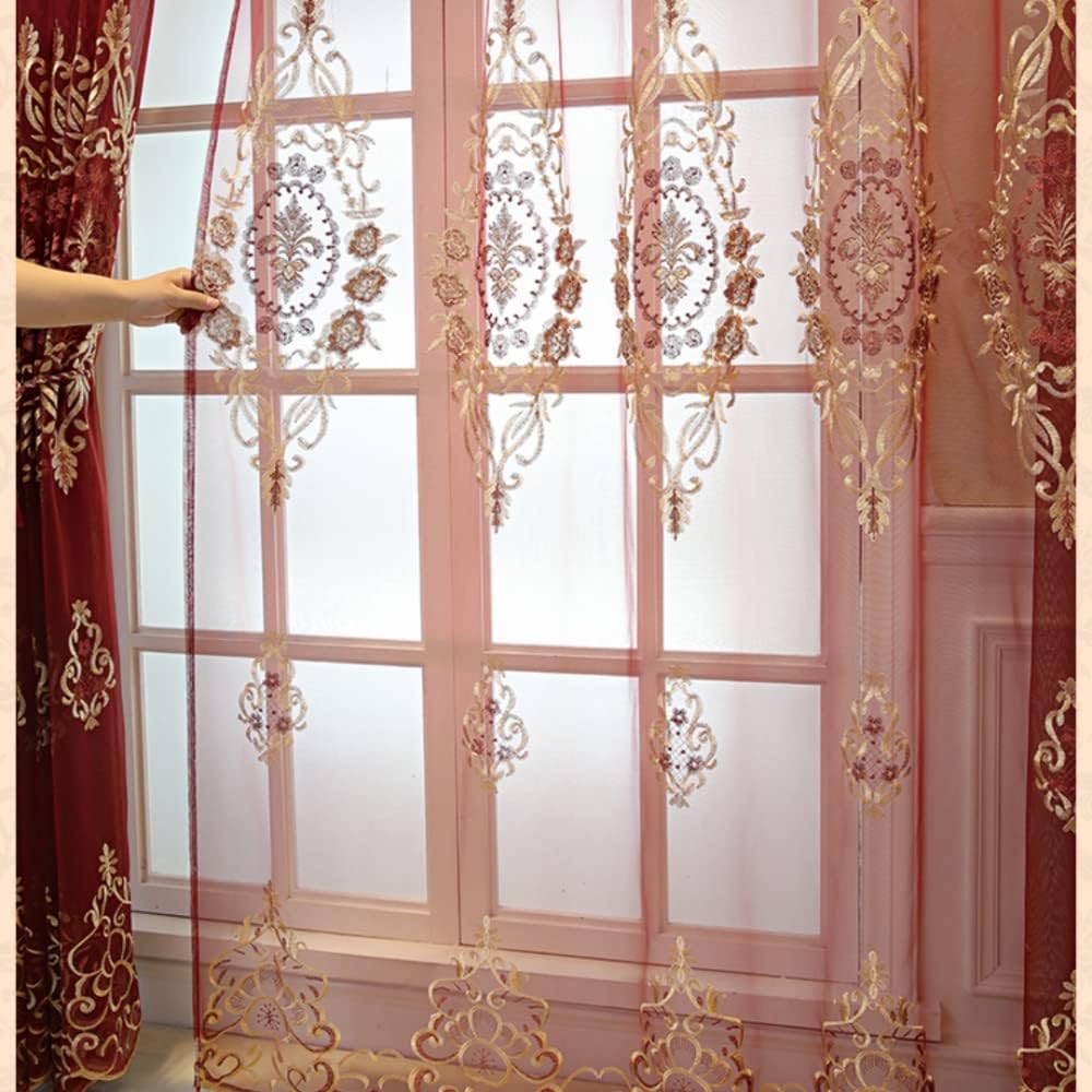 1 Pair European Jacquard Sheer Curtains for Living Room Bedroom Luxury Embroidered Tulle Curtains (Red,52x96 Inch)
