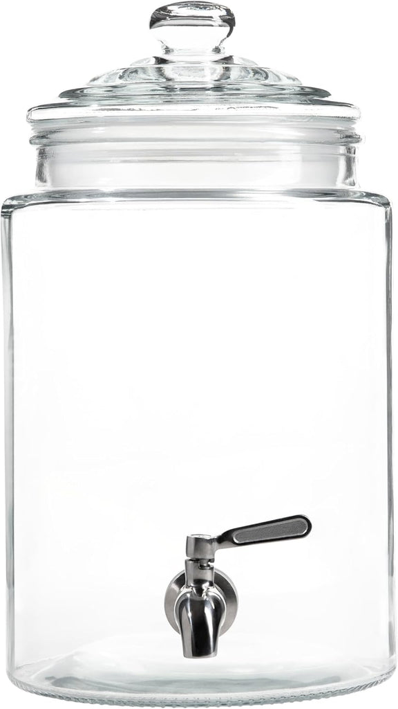 Large Glass Drink Dispenser with Spout - 1.5 Gallon Tall Mason Jar Style Beverage Server with Airtight Lid & Metal