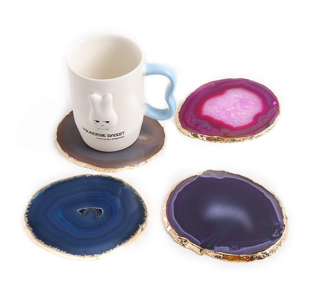 Mixed Color Agate Coasters Set of 4, Dyed Crystal Coaster for Drinks, Geode Agate Slice with Gold Edge, with Rubber