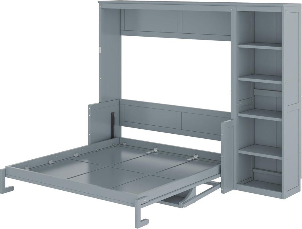 Queen Murphy Bed with Desk, Space Saving Wall Bed Queen with Bookshelf, Storage Shelves, Wood Slats, No Box Spring