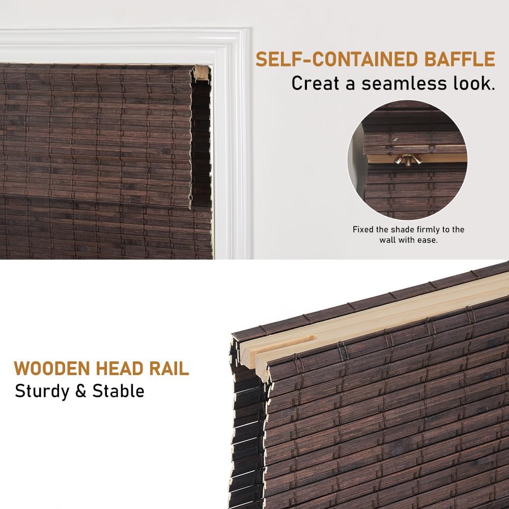 Cordless Bamboo Roman Shades, Blackout Natural Bamboo Blinds for Indoor Windows, Roll Up Blind Privacy Shade for Home