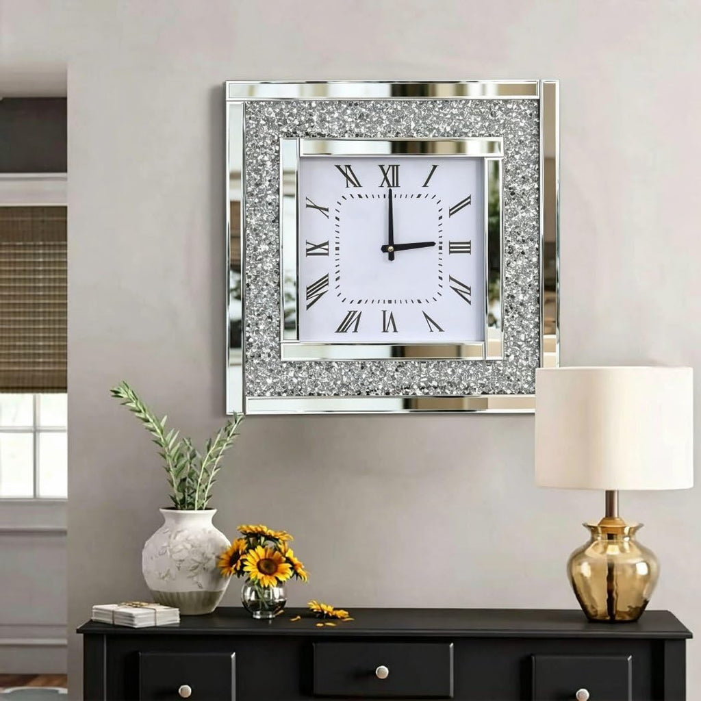 Silver Square Mirror Clock 20x20inches Crystal Sparkle Twinkle Bling Crushed Diamond Mirrored Large Wall Clock for