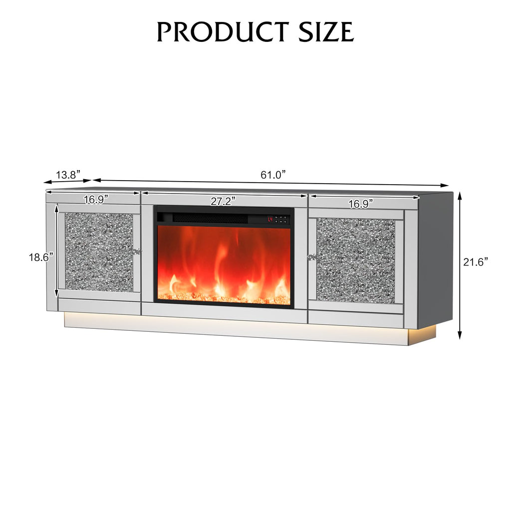 Mirrored Fireplace TV Stand for 65+ inch TV, Mirrored TV Stand with Crushed Diamond & LED Light, Silver Media