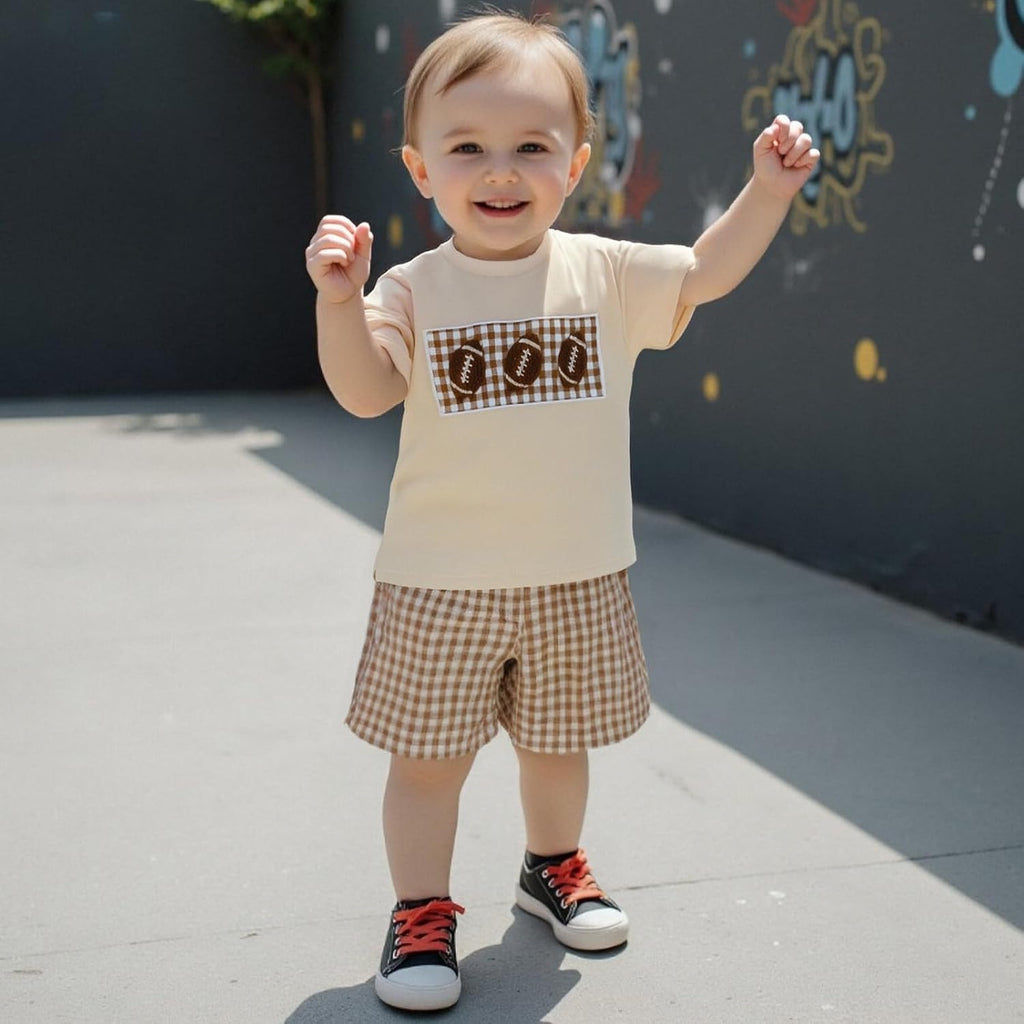 Kids Baby Boy Girl Football Outfit Embroidery Short Sleeve Shirt Plaid Shorts Cute Toddler Clothes Clothing Set