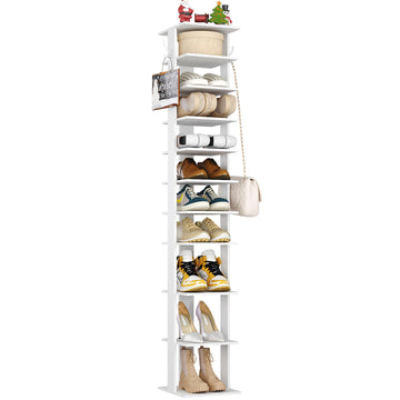 10-Tier Vertical Shoe Rack, Corner Shoe Tower, Slim Shoe Organizer with Two Hanging Hooks, Wooden Shoe Storage Stand
