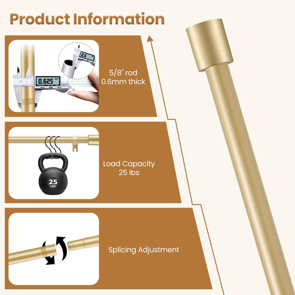 Gold Curtain Rods for Windows 48-84 Inch, Adjustable 5/8 In Curtain Rod Gold