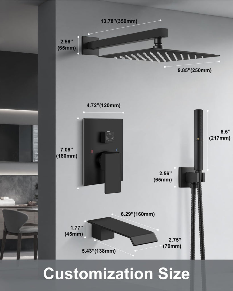 Shower System with Tub Spout and Valve Matte Black