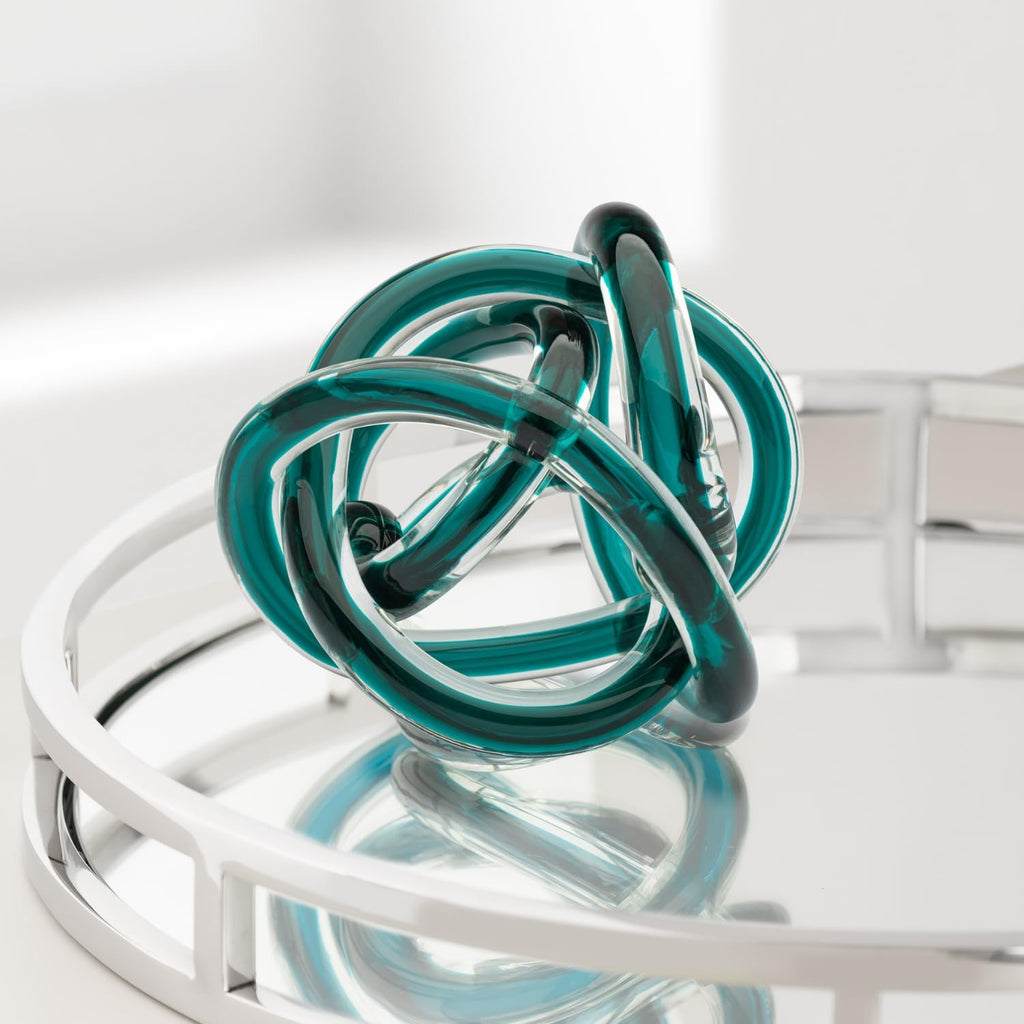 Orbit Hand Blown Glass Infinity Knot Sculpture - 4.5 Inch Glass Art Teal Knot Decor Ball Decor, Small Centerpiece