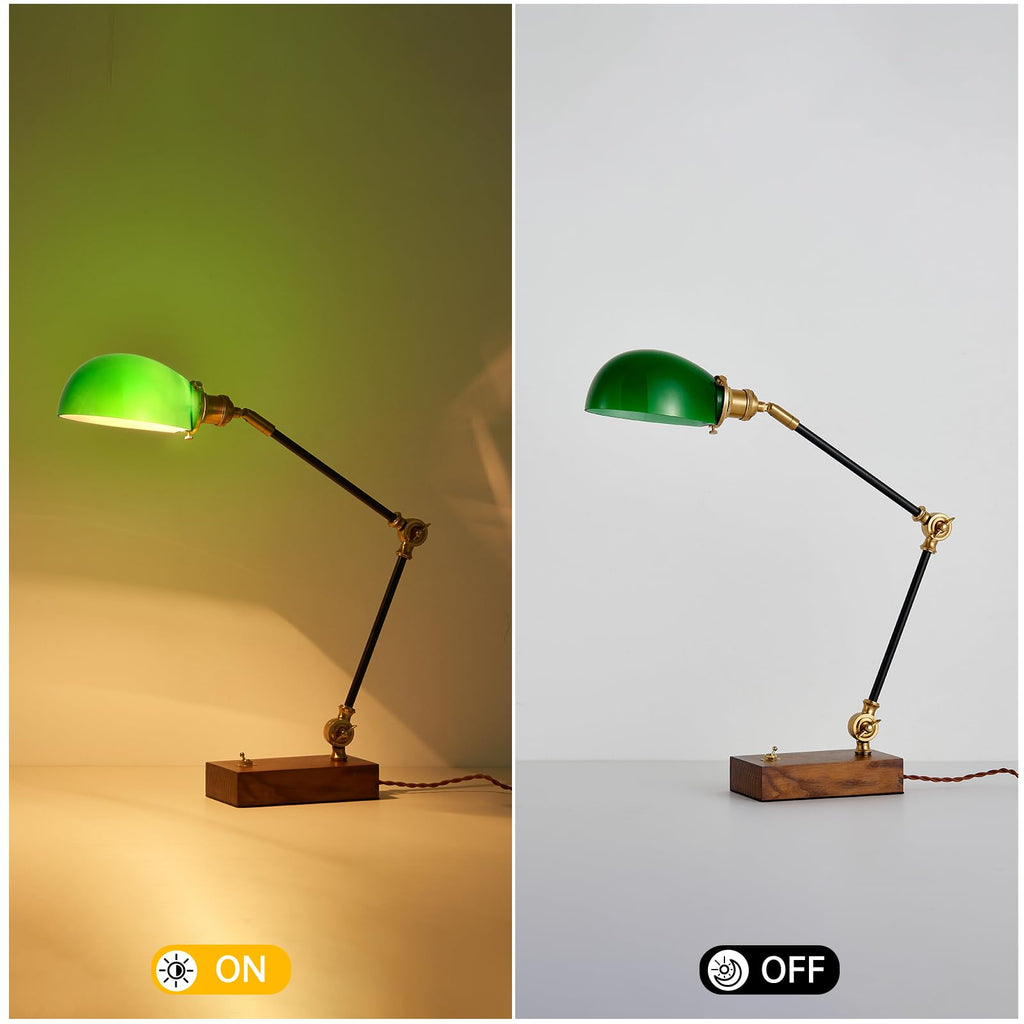 Vintage Green Glass Solid Wood BLack Gold Adjustable Swing Arm Desk Lamp