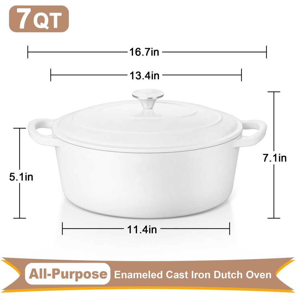 7QT Oval Dutch Oven Pot with Lid, White Enameled Cast Iron Dutch Oven