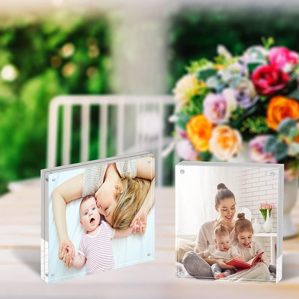 5 Pack Acrylic Frame 6x6, 20% Thicker, 24mm Thick Frameless Clear Square Picture Frame, Double Sided Magnetic Photo