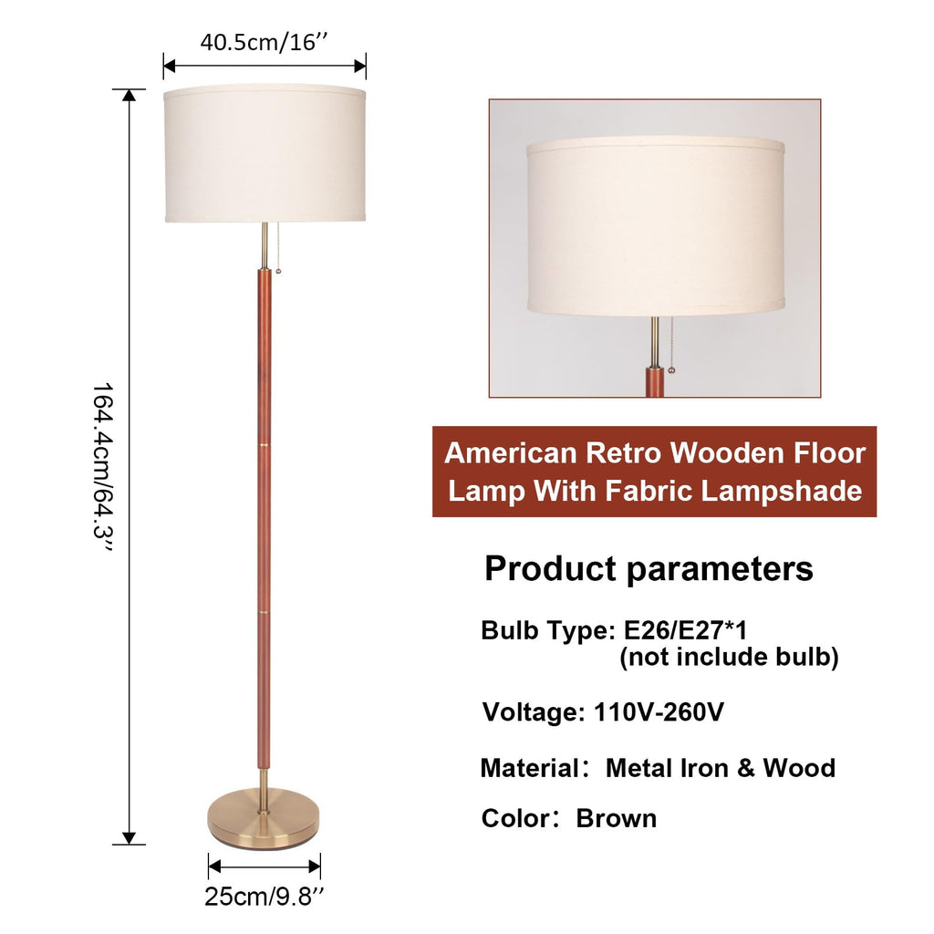 Mid-Century Modern Floor Lamp, Walnut Wood Finish, Drum Shade, Living Room Décor (64in, E26 LED)