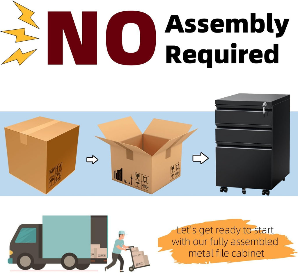3 Drawer File Cabinet , Under Desk Mobile Filing Cabinet with Lock for A4-Size/Letter-Size/Legal-Size, Black (HSEJ-3D)