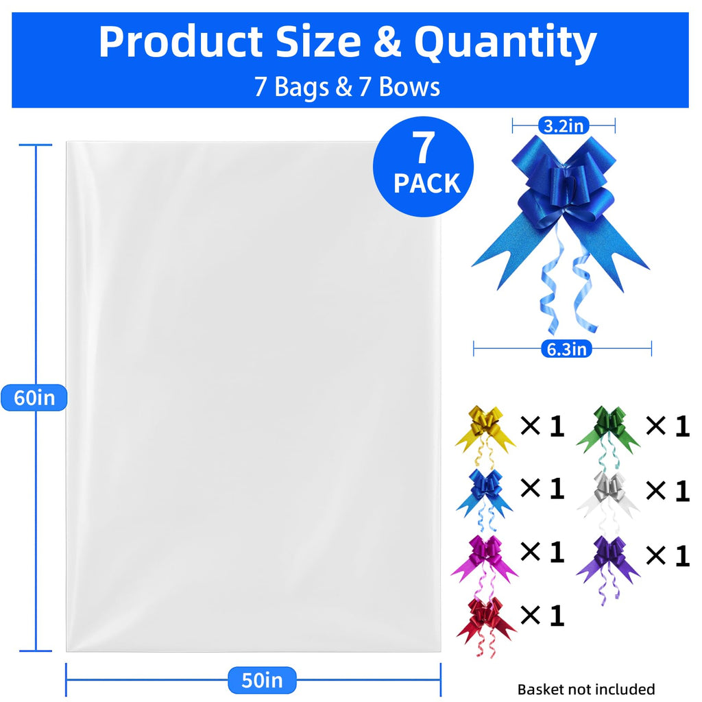 7 Pcs 50"x60" Cellophane Bags for Gift Basket Wrap With Bows
