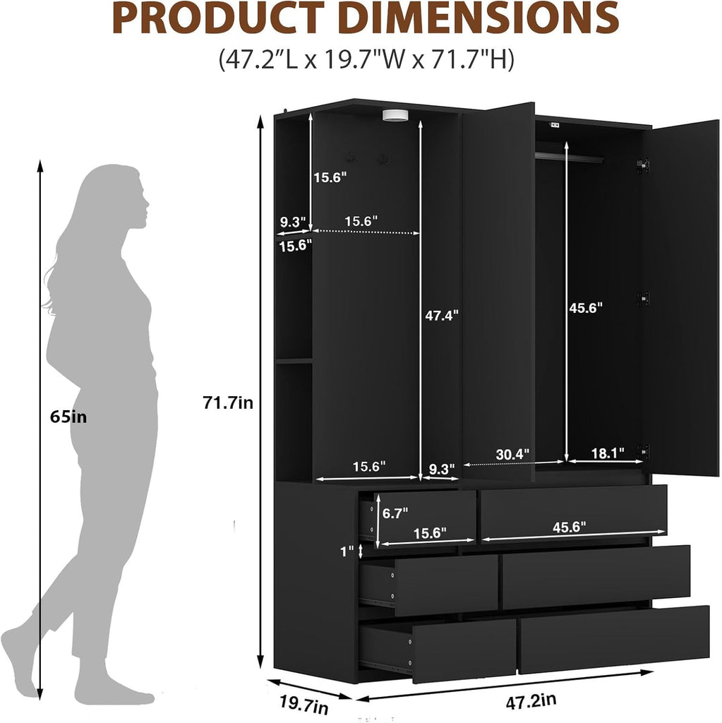 Black Wardrobe Closet with Mirror and LED Light, Armoire Wardrobe with 6 Drawers, Hanging Rod, Open Shelves